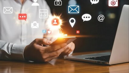 Person using smartphone with social media icons floating around, representing digital communication and connectivity - Powered by Adobe