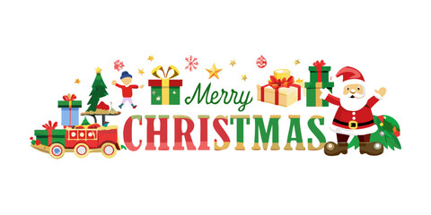 Fototapeta premium Christmas decorative banner with funny Santa Claus, nutcracker, locomotive and gift boxes and many others icon. 