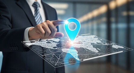 Businessman using digital world map with location pin, global connection