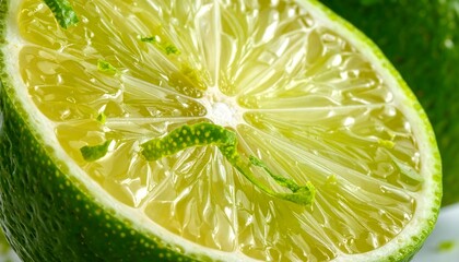 Macro shot reveals intricate details of a vibrant lime cut in half. Juicy segments, rind, and zest are clearly visible, capturing texture and color