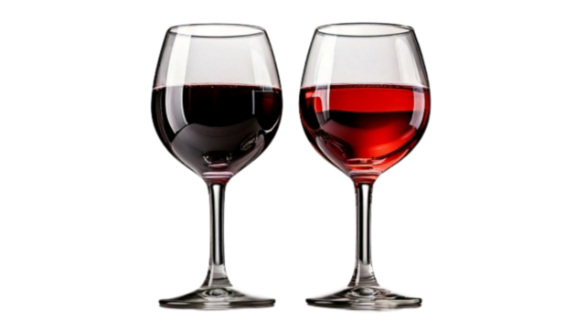 Red wine glass bundle with distinct shapes and pours, isolated on transparent background