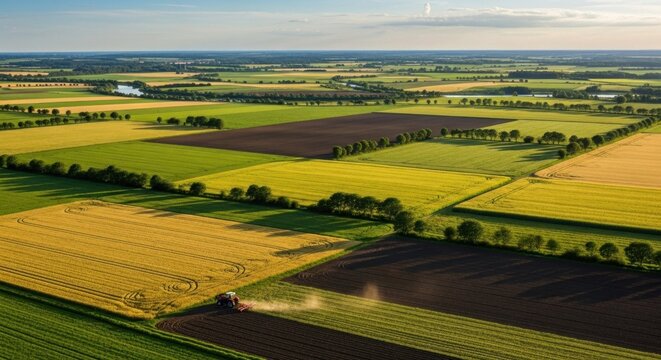 A tractor is driving through a field of crops, leaving a trail of dirt behind it.