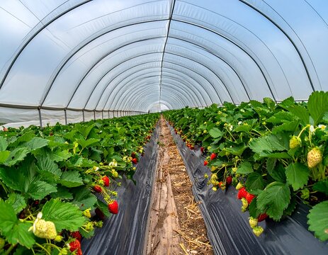 Interior view of a greenhouse row of strawberry plants. Ripe red and green berries are visible amidst green foliage - Powered by Adobe