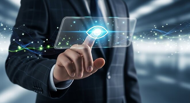 Businessman using digital eye icon, data protection, and cybersecurity concept - Powered by Adobe