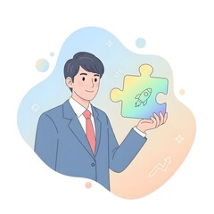 Man Holding Startup Puzzle Piece in Business Illustration