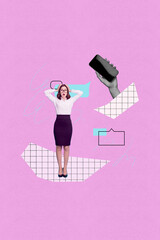 Pop zine sketch artwork collage of happy girl guy stand bubble communication hand hold phone chatterbox notification cloud