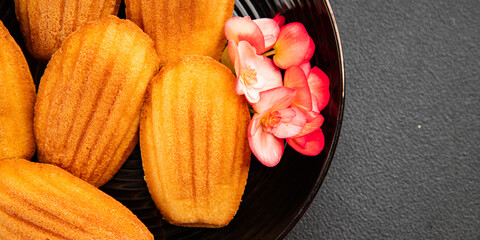 Madeleine cookies sweet dessert traditional french sweets tasty snack fresh delicious gourmet food background on the table rustic top view copy space