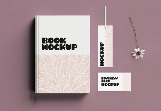 Book Mockup with Business Card and Bookmark