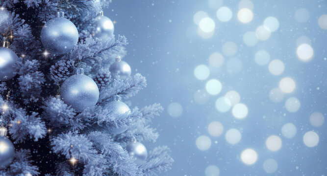 Albero di Natale innevato con decorazioni argentate su sfondo luminoso. Generative AI