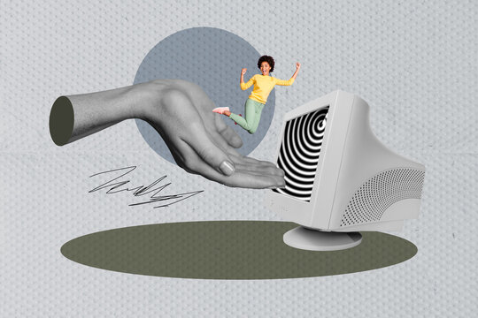 Fototapeta Collage portraying laptop computer smartphone addiction manipulation through digital lies hypnotic propaganda illusions