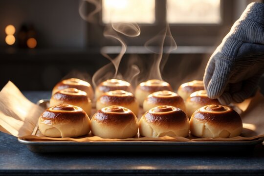 AI-Generated Lucia Saffron Buns on Warm Baking Tray - Powered by Adobe