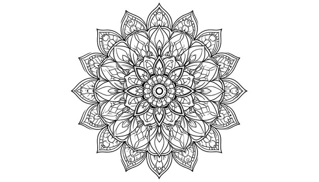 Intricate symmetrical illustration of a floral-like design. Complex patterns radiate outward from a central circle. Black lines on a white background - Powered by Adobe