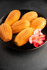 Madeleine cookies sweet dessert traditional french sweets tasty snack fresh delicious gourmet food background on the table rustic top view copy space