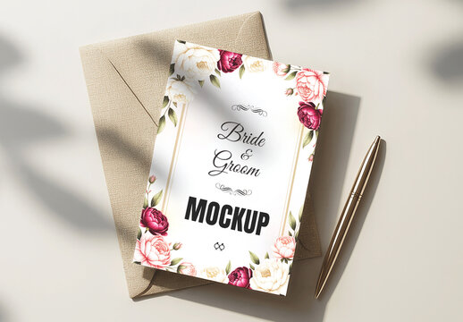 Invitation Card Mockup with Envelope and Elegant Pen