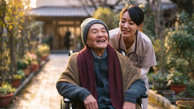 訪問看護師と談笑する日本人シニア夫婦