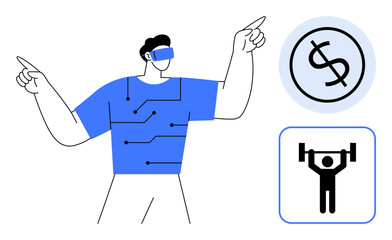 Man wearing VR headset with circuits on shirt, dollar sign and weightlifting icons symbolize technology, finance, and wellness. Ideal for innovation, tech lifestyle, fitness, future economy, digital