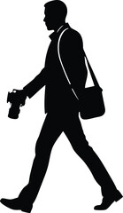 Silhouette of a photographer with camera and bag on white background