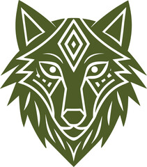 Stylized olive green wolf head with white tribal patterns