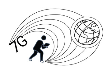 7G technology Network Silhouettes of people in action with a woman holding a gun and jumping figures in a dynamic vector design