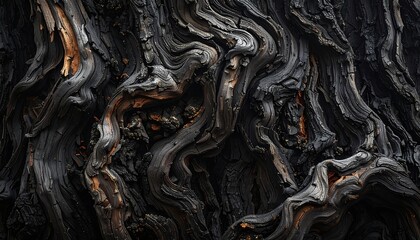 Macro shot reveals the textured, dark gray and orange bark of a weathered, gnarled tree, its surface a complex network of swirling patterns