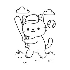 Cat playing baseball. Hand-drawn coloring pages