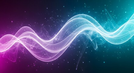 Fototapeta premium Luminous abstract wave of light flowing across a magenta-to-cyan gradient background, creating a soft, futuristic, and ethereal digital motion effect.