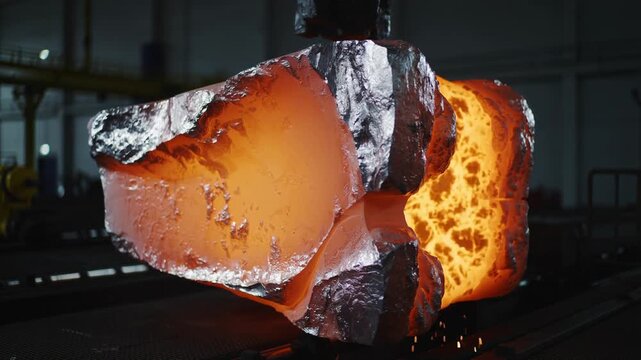 Molten metal being poured from a large crucible in an industrial setting. Bright orange glow and sparks are visible, showcasing the metalworking process.