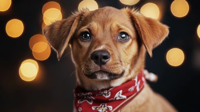 A small brown puppy with floppy ears and blue eyes wears a red bandana. The background features soft, blurred golden lights..  National Fire Pup Day