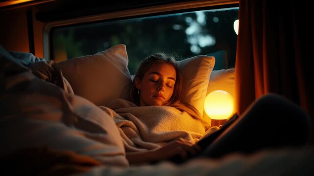 A young Caucasian woman with long brown hair sits comfortably in bed, reading a book under soft lighting. The scene is cozy and intimate, with warm colors and a peaceful atmosphere.