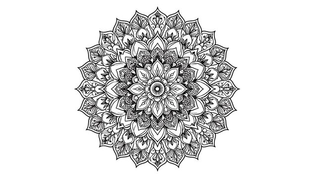 Intricate black and white radial design featuring floral and leaf-like elements. The symmetrical pattern exudes a sense of calm