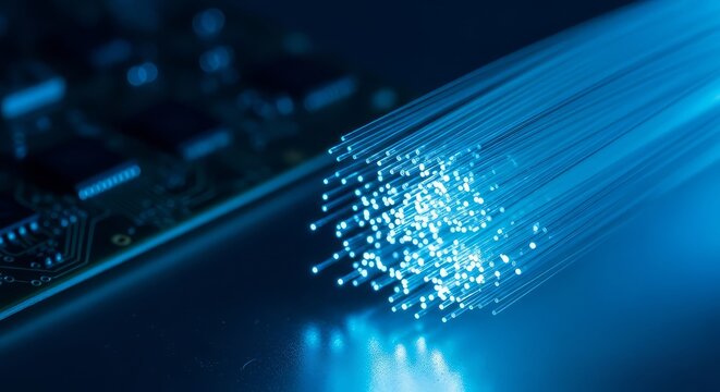 Close up of fiber optic cables illuminated with blue light next to a circuit board detail view