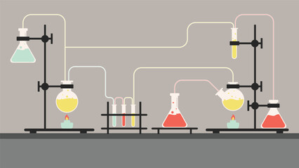 Minimal flat style chemistry lab illustration showing flasks, beakers, and test tubes with colorful liquids connected through pipes on a light background for science concepts