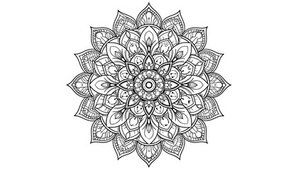 Intricate black and white radial design with layered floral patterns and a detailed central motif