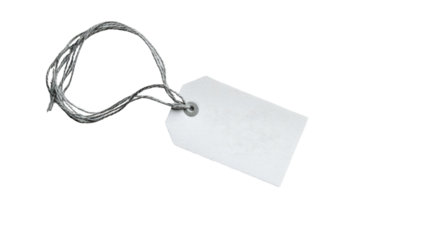 A white tag with a gray string displayed simply and cleanly for labeling and branding purposes on white background