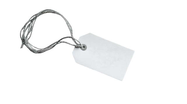 A white tag with a gray string displayed simply and cleanly for labeling and branding purposes on white background