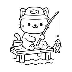 Cats love fishing. Hand-drawn coloring pages