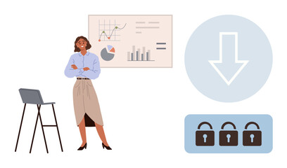 Professional woman stands by data charts explaining analytics, accompanied by download and security lock visuals. Ideal for business, marketing, finance, IT, data privacy, presentations, and teamwork