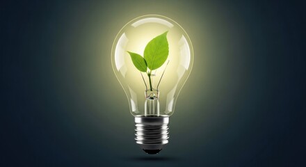 A green leaf with a small green stem growing inside a light bulb against a dark background.