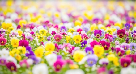 A vibrant field of colorful pansies with a blurred background