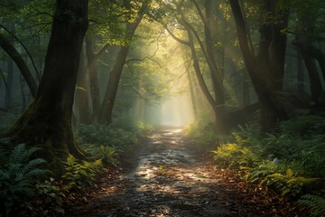 Obraz premium Cinematic light reflects on a wet forest path after rain. Mist and soft tones create a serene, natural, and atmospheric woodland scene. 
