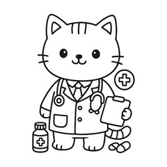 Cat becomes a doctor. Hand-drawn coloring pages