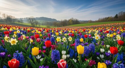 A vibrant field of colorful tulips and hyacinths with a clear blue sky in the background.
