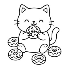 Cat eating donut. Hand-drawn coloring pages
