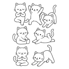 Group of Cats practicing yoga. Hand-drawn coloring pages