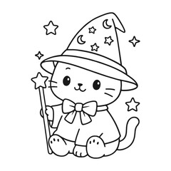 Cat becomes a wizard. Hand-drawn coloring pages