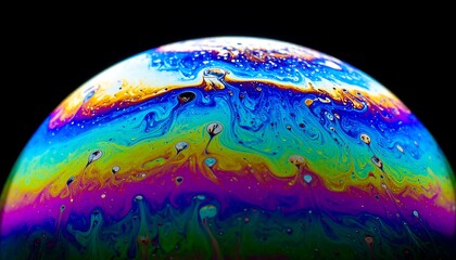 Macro shot showcasing a semi-sphere of a shimmering iridescent surface with vibrant colors across a black backdrop. The surface presents a bubbly texture