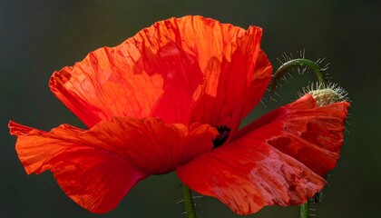 Macro shot showcasing a vibrant, single blossom in brilliant red, with delicate petals and a hint of bud, set against a soft green backdrop