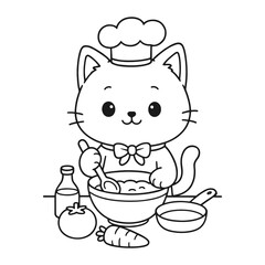 Chef Cat is making cooking dough. Hand-drawn coloring pages