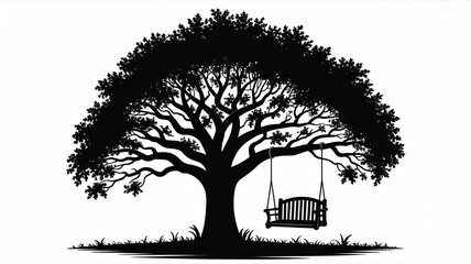 Black and white silhouette of a big oak tree with detailed leaves, hanging wooden swing, bold contrast, vintage peaceful scene, minimal nature illustration.