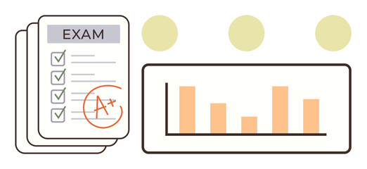 Exam paper with A grade, checklist, and bar chart analytics. Ideal for education, achievement, report card, progress tracking, performance review, learning assessment simple flat metaphor